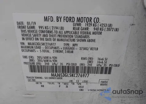 2019 Ford Ecosport Se z USA, uszkodzony, nr VIN MAJ6S3GL5KC276977
